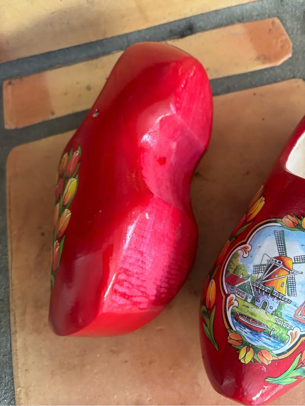 Red Kids Wooden Clogs with Tulip and Windmill Design from Holland